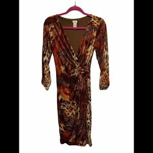 👗🟠Cache Faux Wrap Burgandy Gold Tone Animal Print Dress Size S Poly Spandex